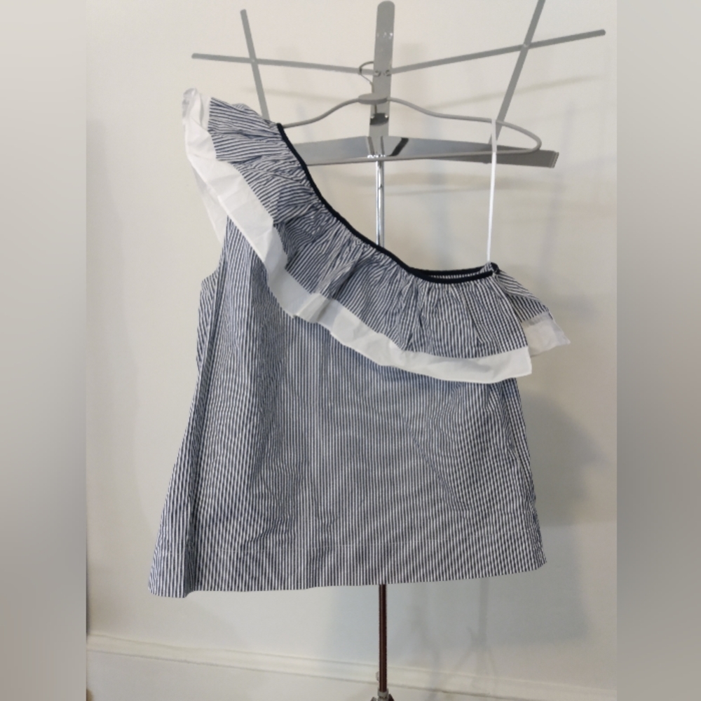 J. Crew Navy and White Striped One Shoulder Ruffle Top